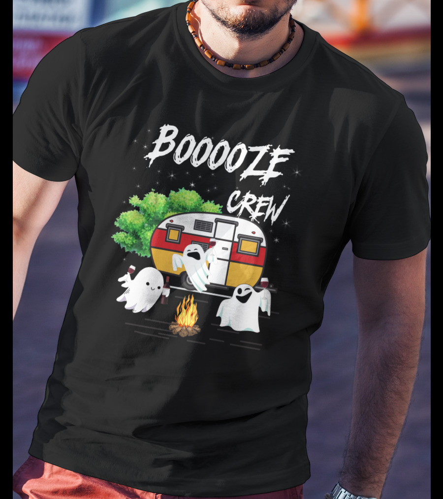 Booooze Crew Ghost Camping With Campfire Caravan And Wine Glasses T-Shirt