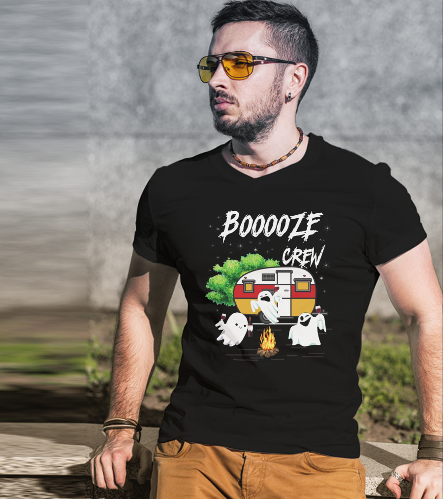 Booooze Crew Ghost Camping With Campfire Caravan And Wine Glasses T-Shirt