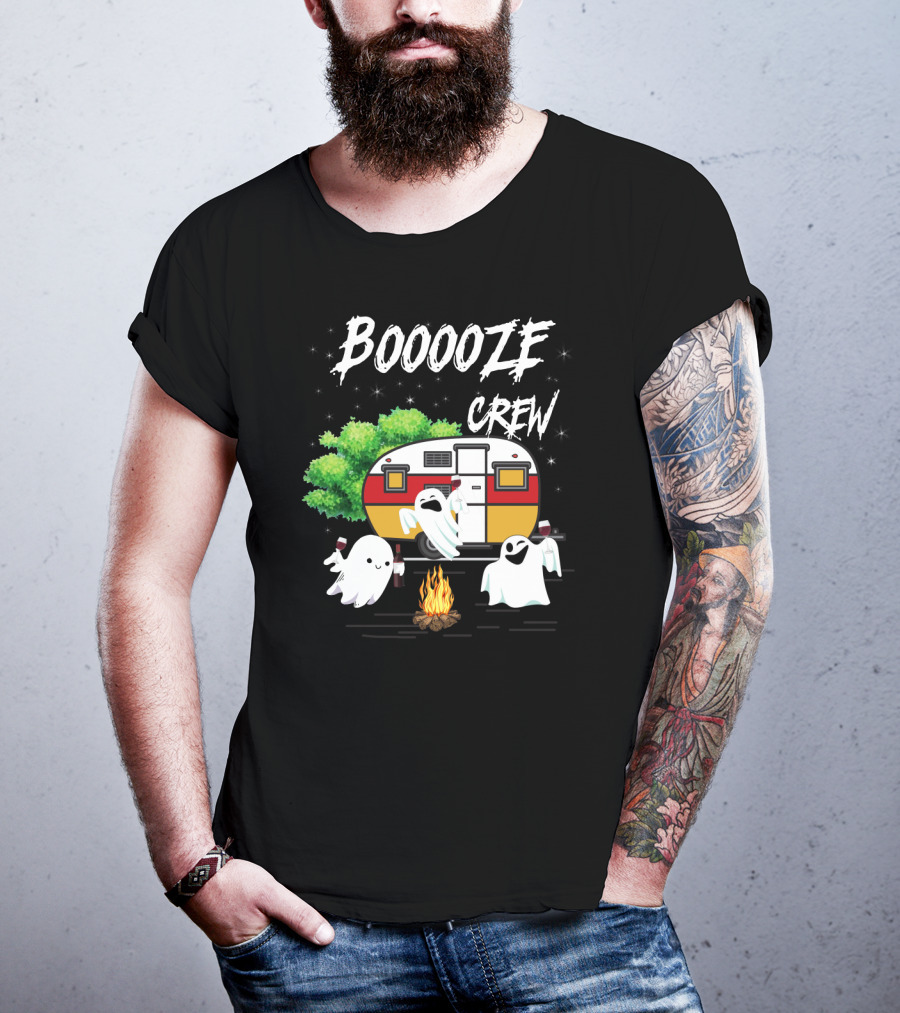 Booooze Crew Ghost Camping With Campfire Caravan And Wine Glasses T-Shirt