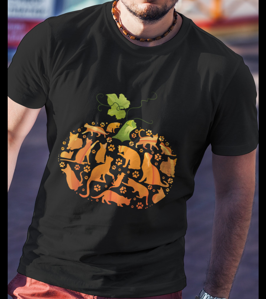 Cat Pumpkin Silhouette With Paws In Pumpkin Shape T-Shirt