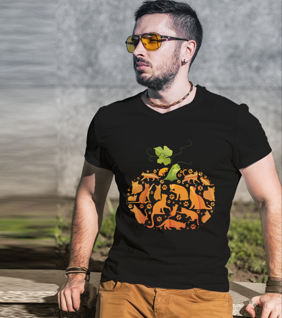 Cat Pumpkin Silhouette With Paws In Pumpkin Shape T-Shirt