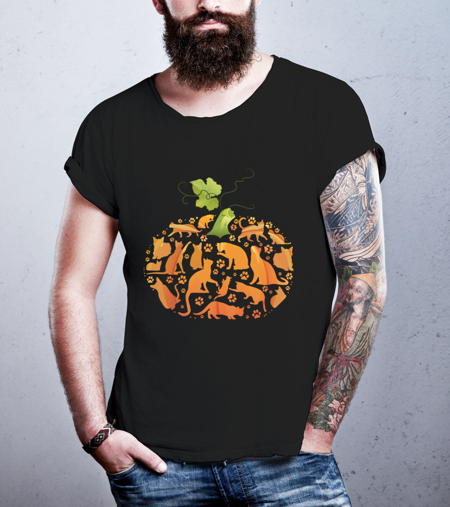 Cat Pumpkin Silhouette With Paws In Pumpkin Shape T-Shirt