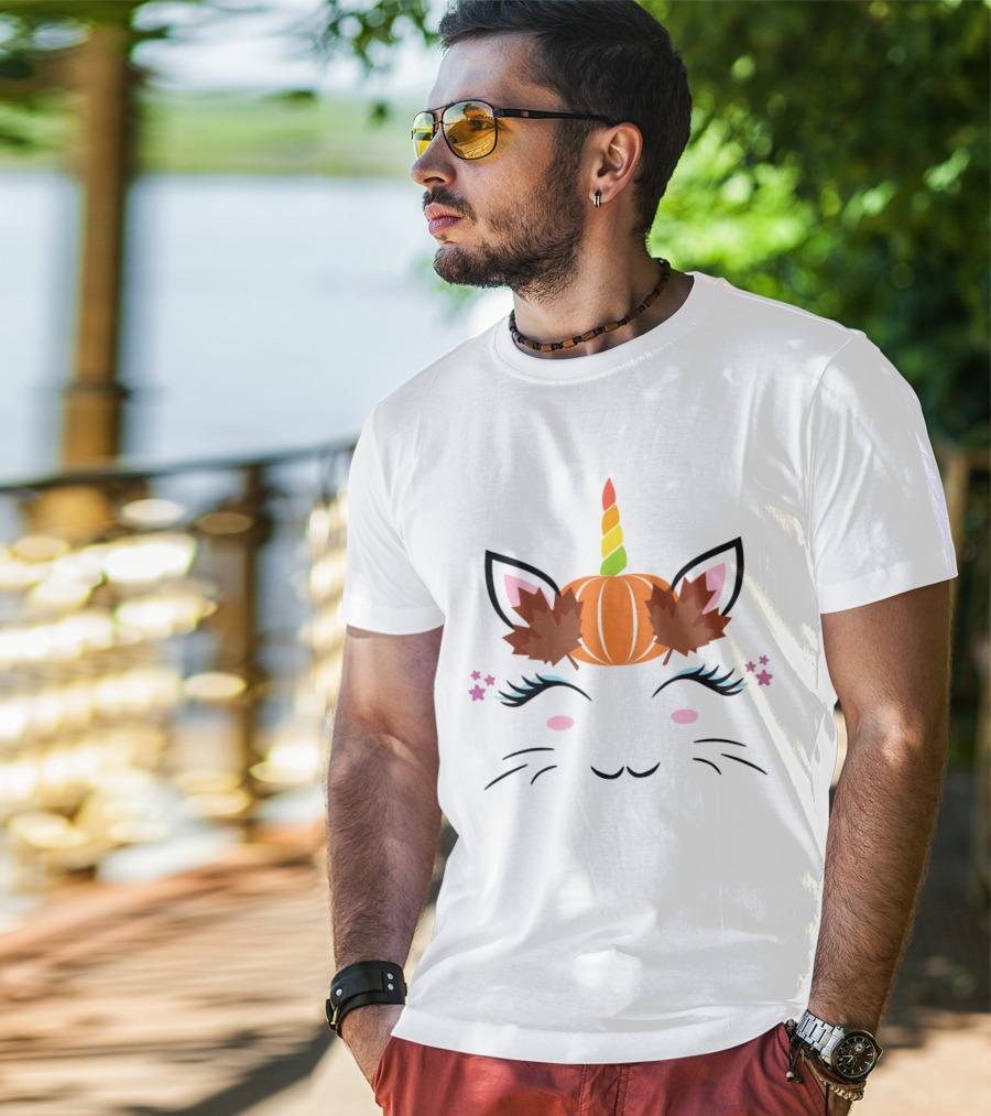 Caticorn Pumpkin Halloween Cat Unicorn Lover Fall Leaves T-Shirt