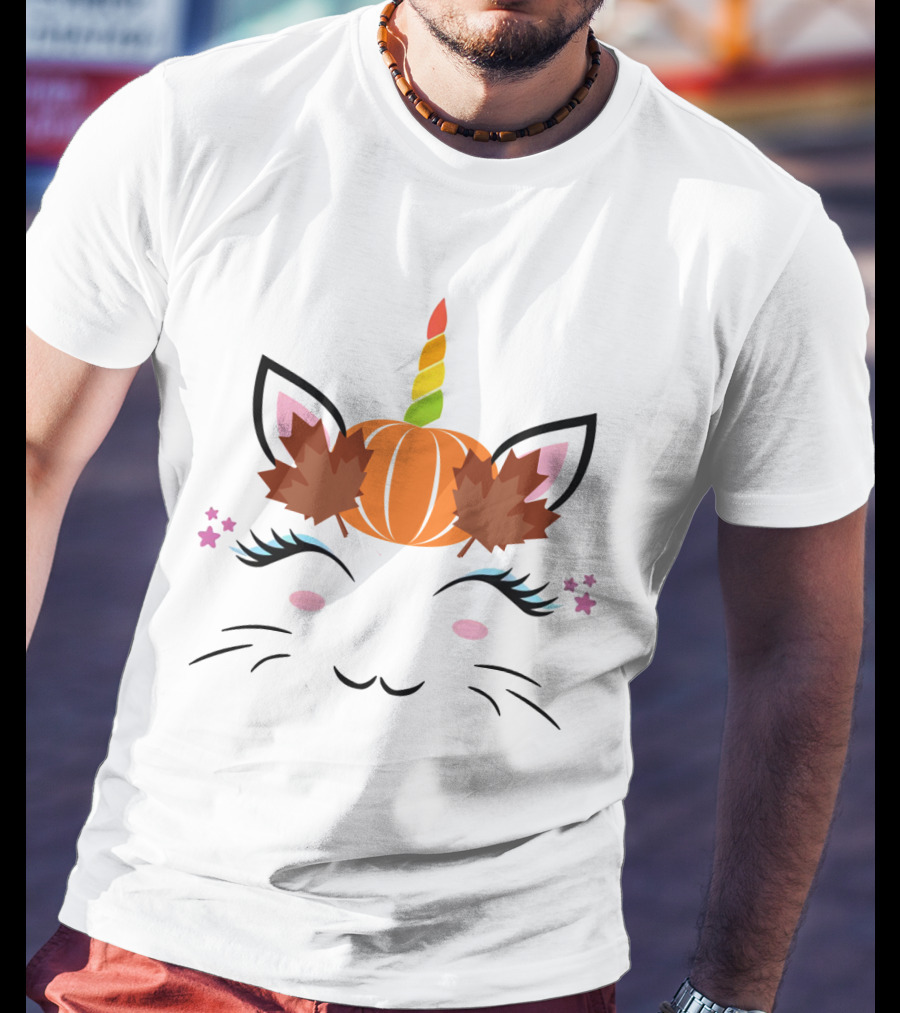 Caticorn Pumpkin Halloween Cat Unicorn Lover Fall Leaves T-Shirt