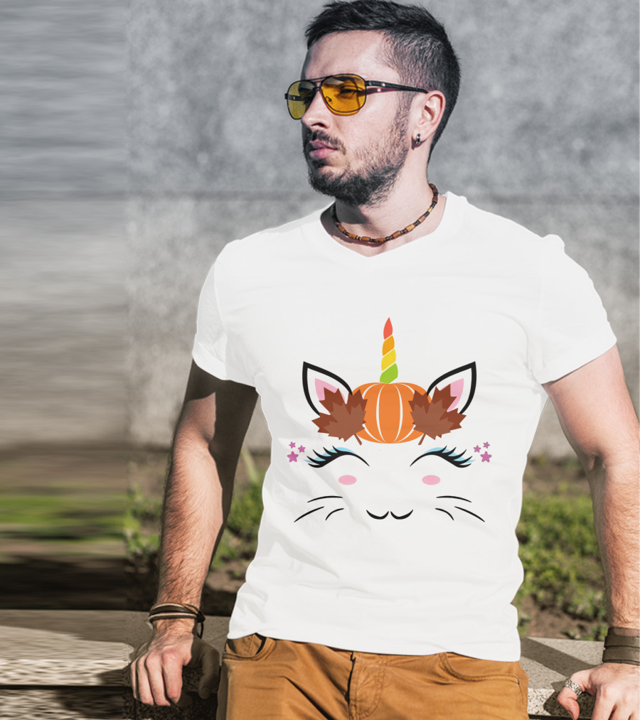 Caticorn Pumpkin Halloween Cat Unicorn Lover Fall Leaves T-Shirt
