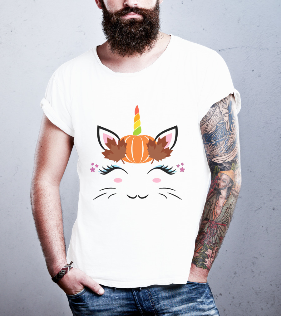 Caticorn Pumpkin Halloween Cat Unicorn Lover Fall Leaves T-Shirt