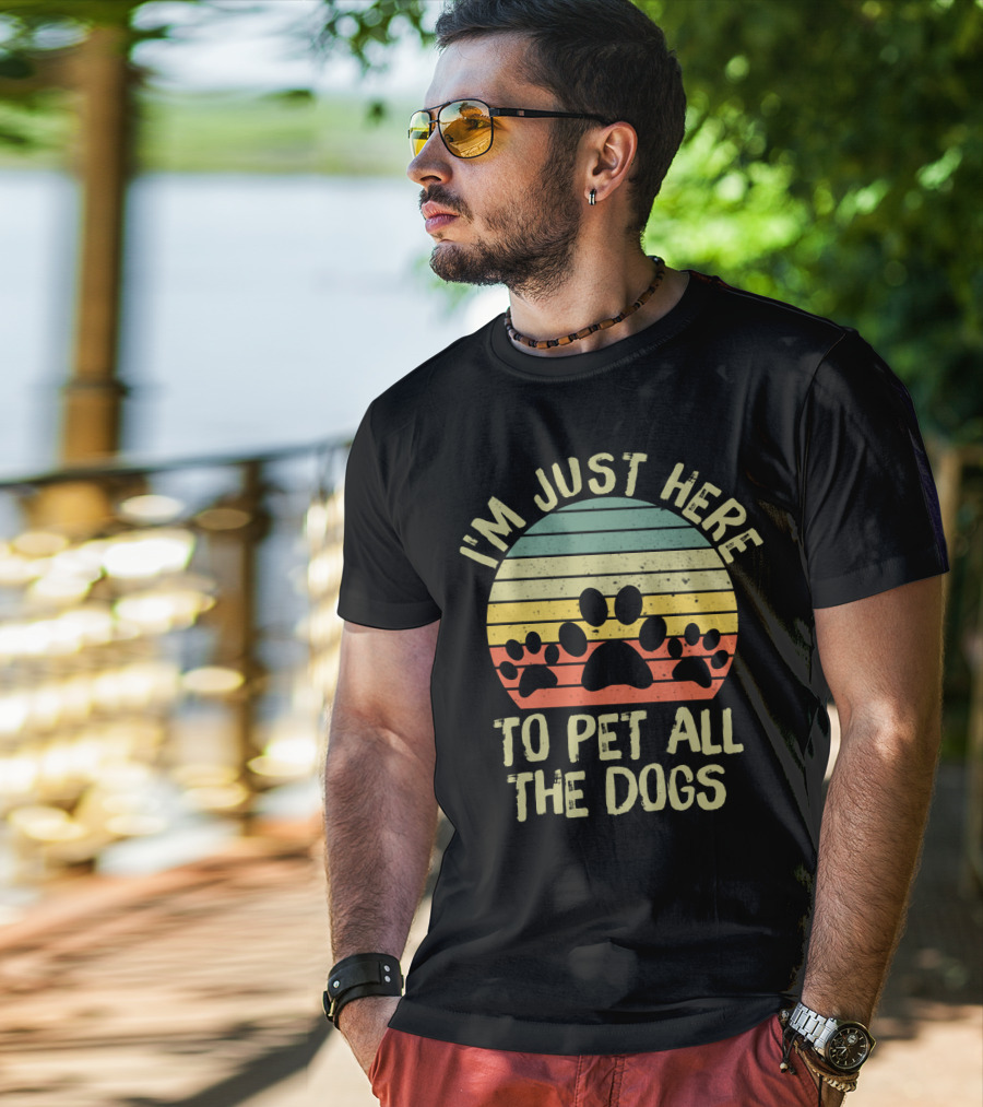 I'm Just Here To Pet All The Dogs Retro Paw Print Stripes T-Shirt