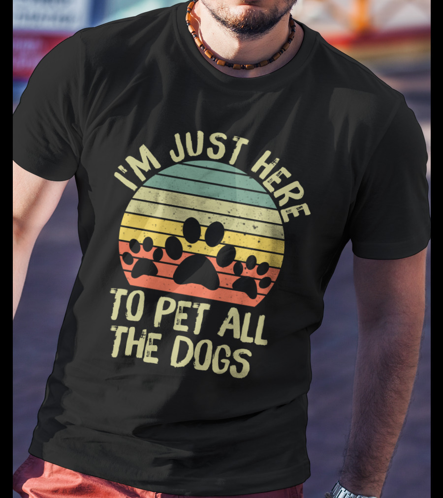 I'm Just Here To Pet All The Dogs Retro Paw Print Stripes T-Shirt