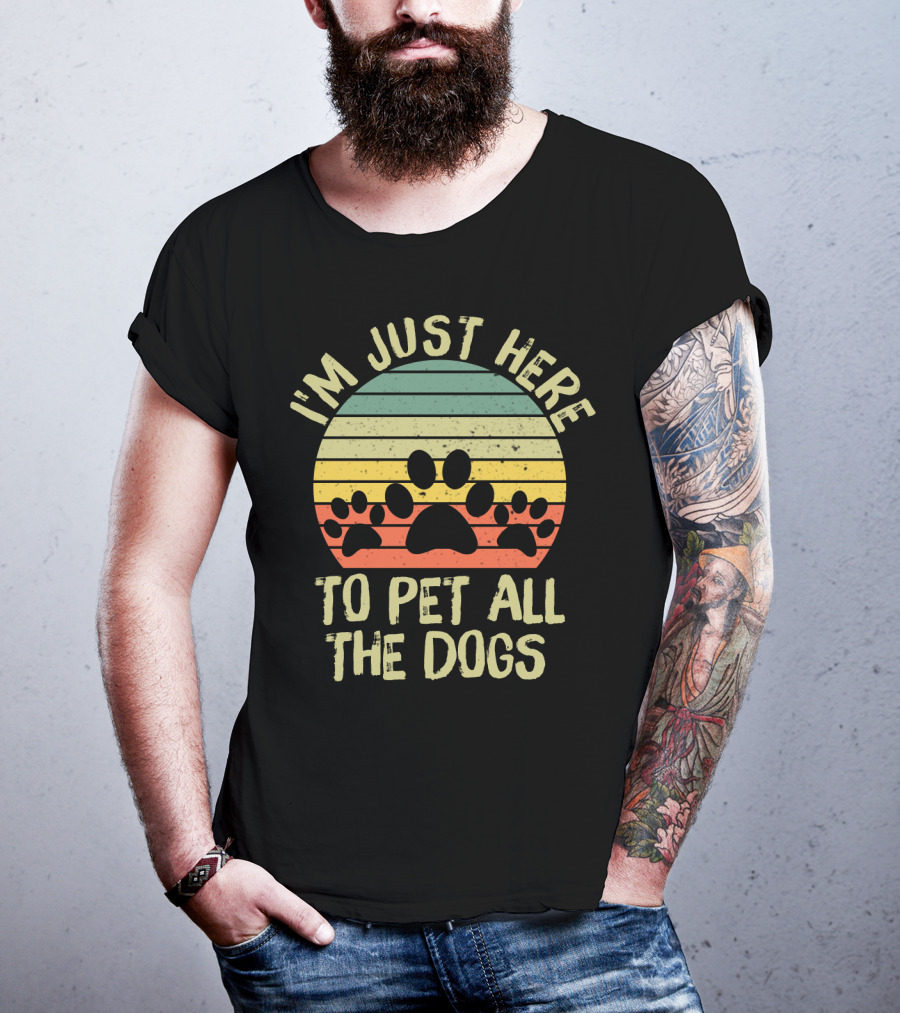 I'm Just Here To Pet All The Dogs Retro Paw Print Stripes T-Shirt