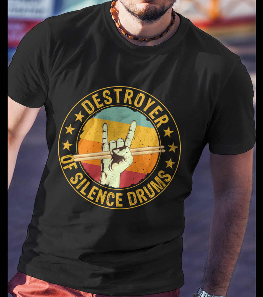 Destroyer Of Silence Drums Rock Hand Gesture Stars Retro Stripes T-Shirt