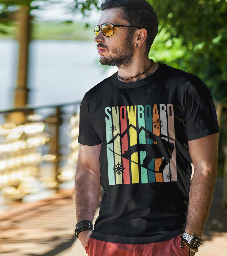 Snowboard Snowboarding Retro Mountain Silhouette Snowflakes T-Shirt