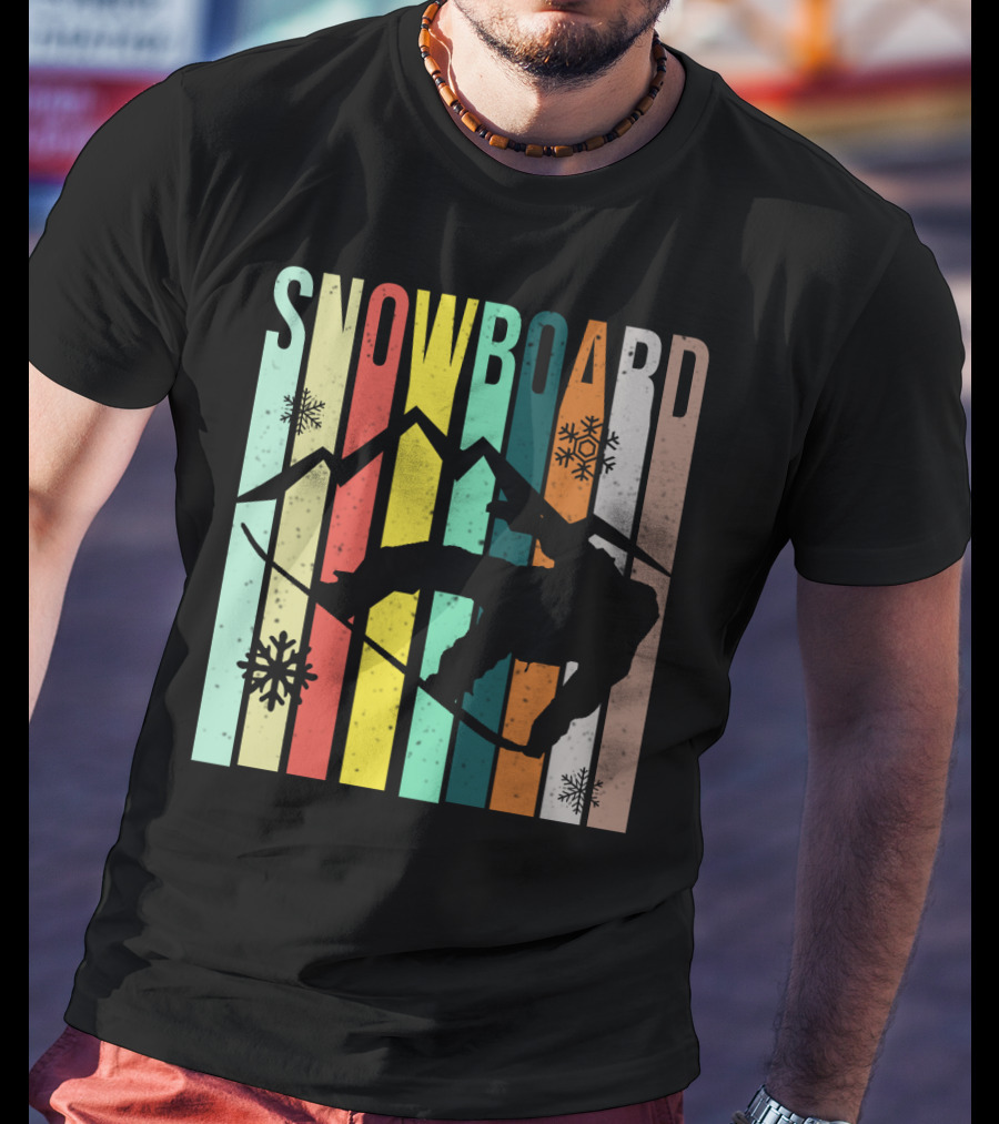 Snowboard Snowboarding Retro Mountain Silhouette Snowflakes T-Shirt
