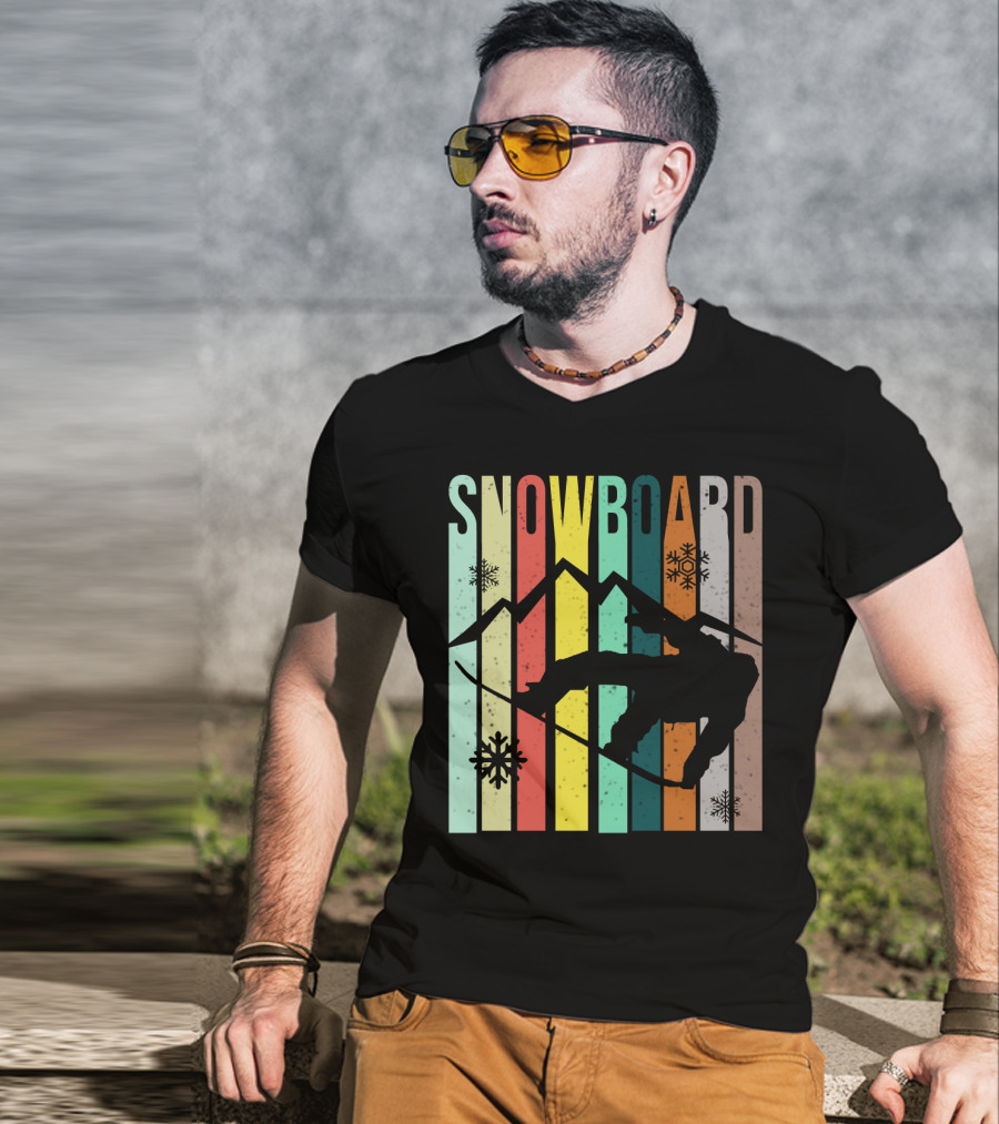 Snowboard Snowboarding Retro Mountain Silhouette Snowflakes T-Shirt