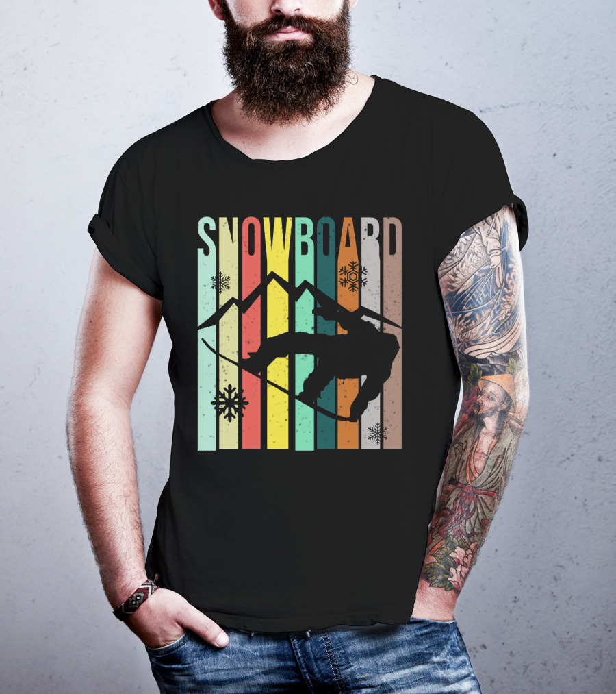 Snowboard Snowboarding Retro Mountain Silhouette Snowflakes T-Shirt