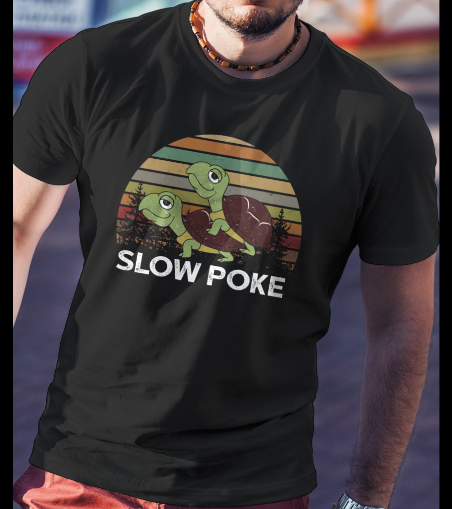 Slow Poke Retro Striped Funny Turtle Sunset T-Shirt