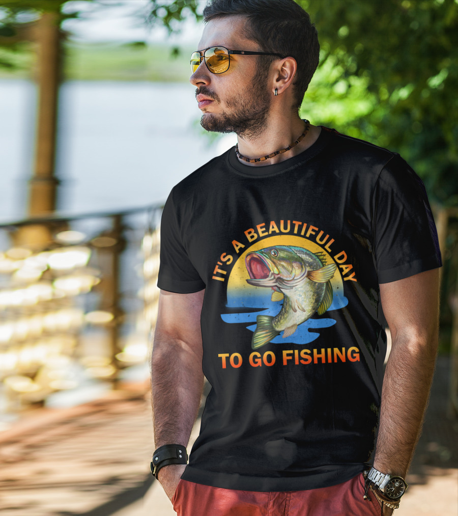 IT'S A BEAUTIFUL DAY TO GO FISHING Fish Jumping Sunset Scene T-Shirt