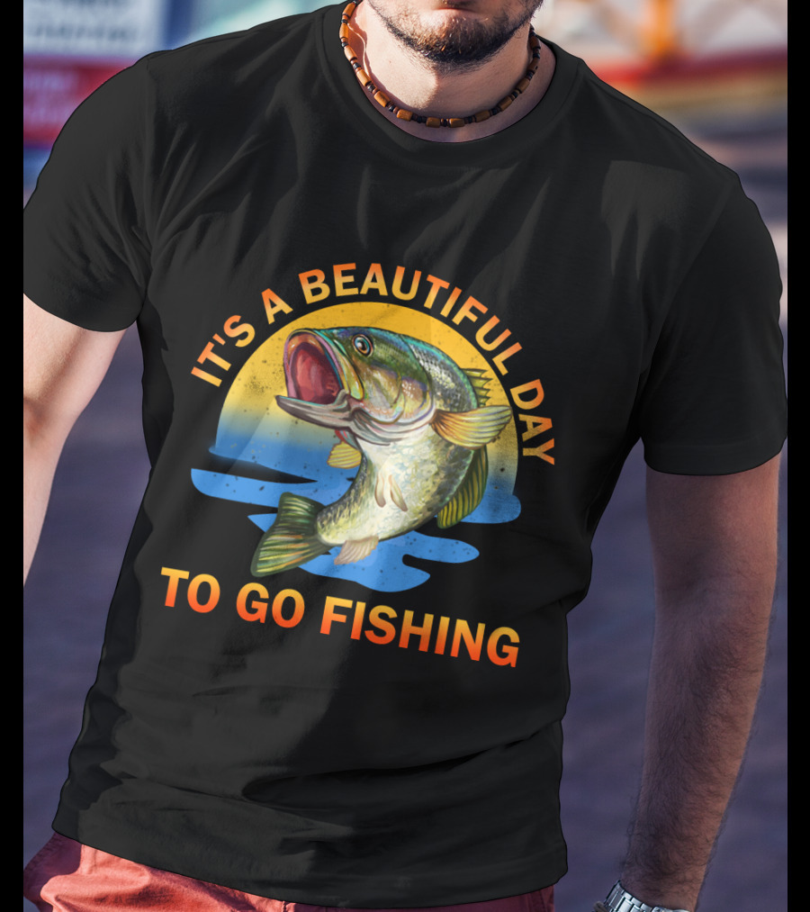 IT'S A BEAUTIFUL DAY TO GO FISHING Fish Jumping Sunset Scene T-Shirt