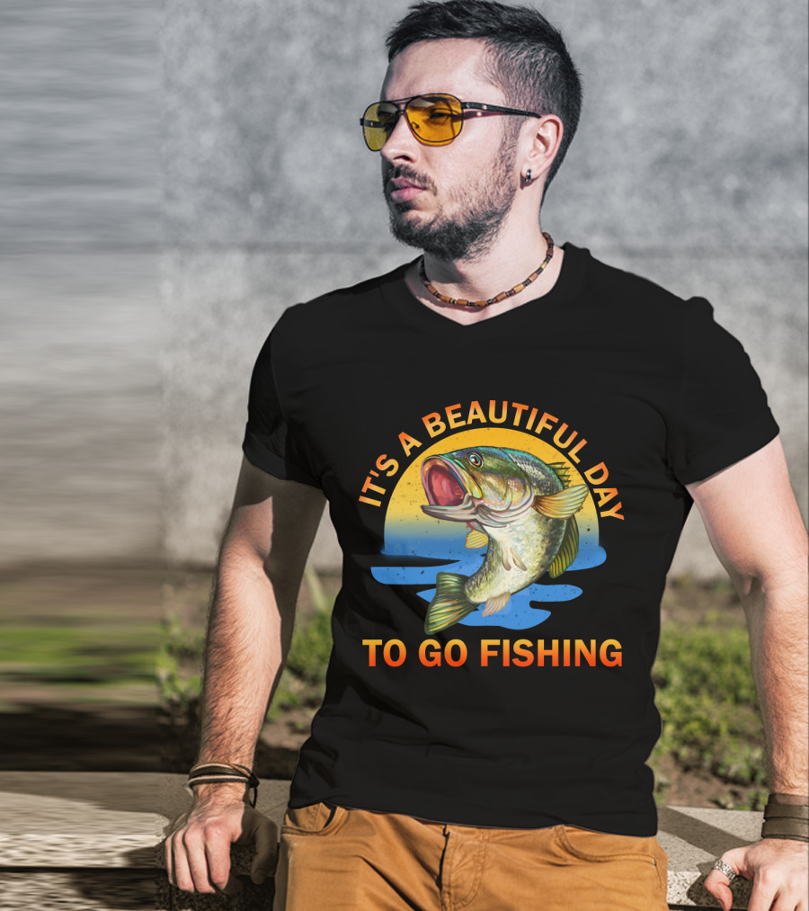 IT'S A BEAUTIFUL DAY TO GO FISHING Fish Jumping Sunset Scene T-Shirt