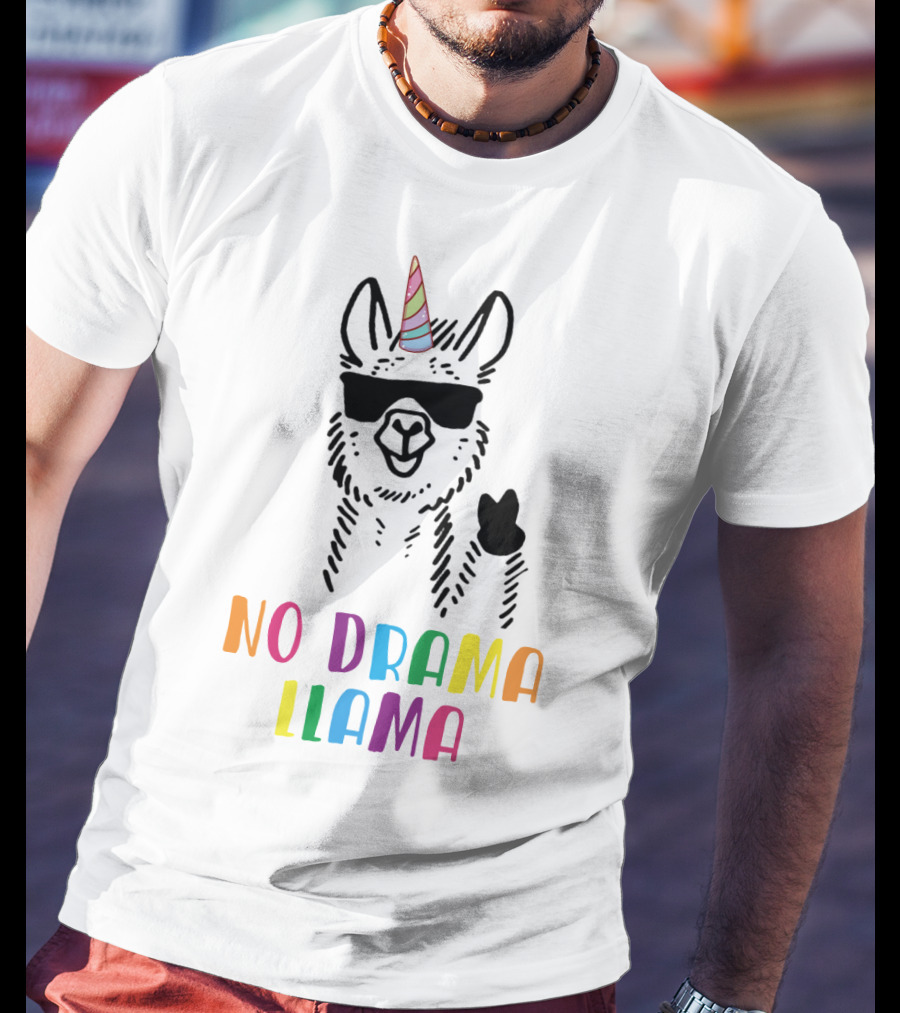 Llamacorn No Drama Llama Funny Unicorn Rainbow Text Sunglasses Peace Sign T-Shirt