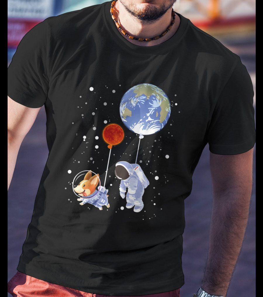 Corgi Astronaut And Human Floating With Earth And Mars Balloons In Space T-Shirt