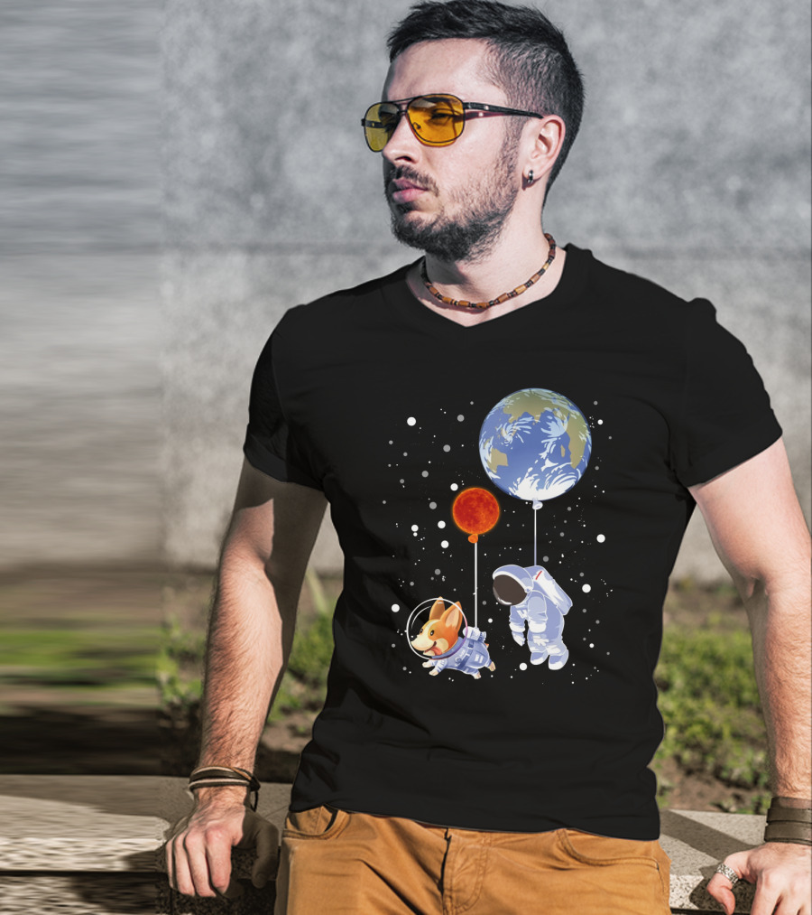 Corgi Astronaut And Human Floating With Earth And Mars Balloons In Space T-Shirt