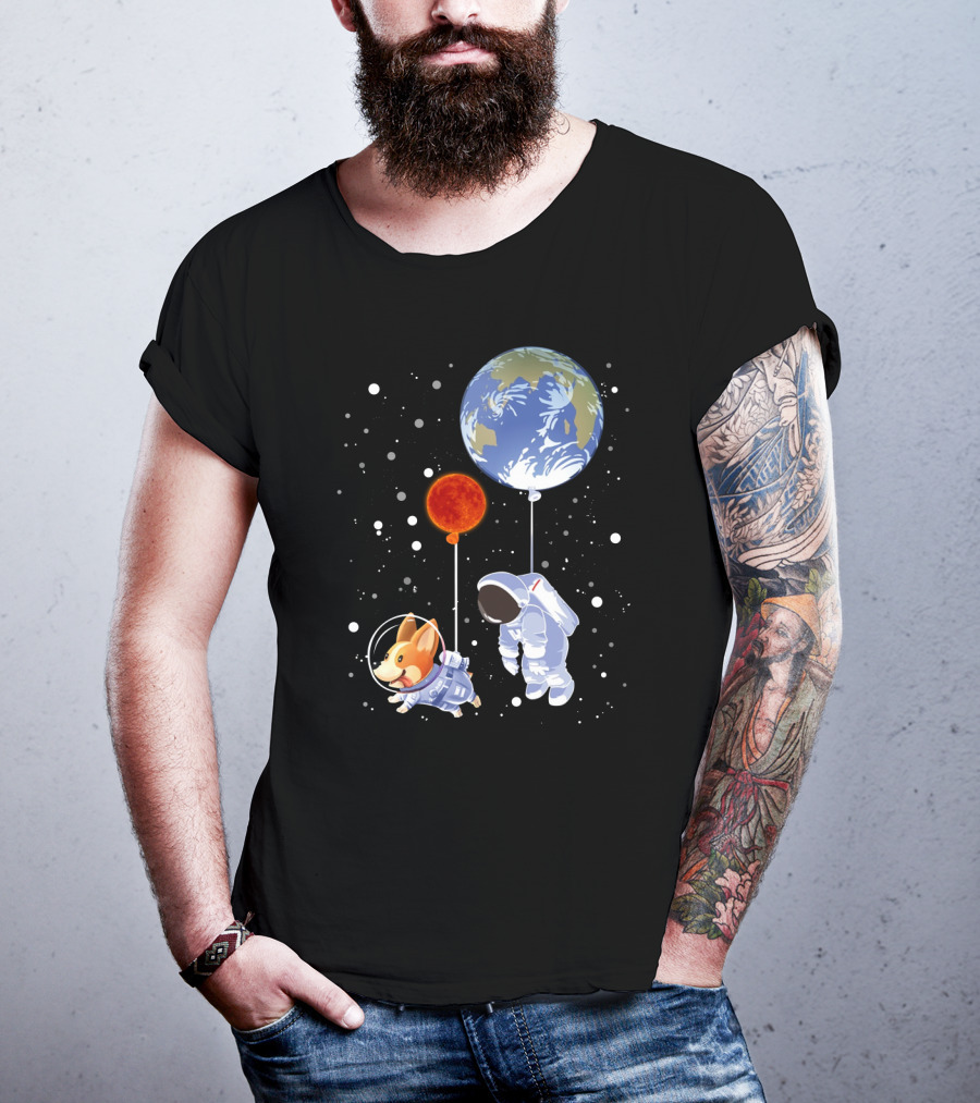 Corgi Astronaut And Human Floating With Earth And Mars Balloons In Space T-Shirt