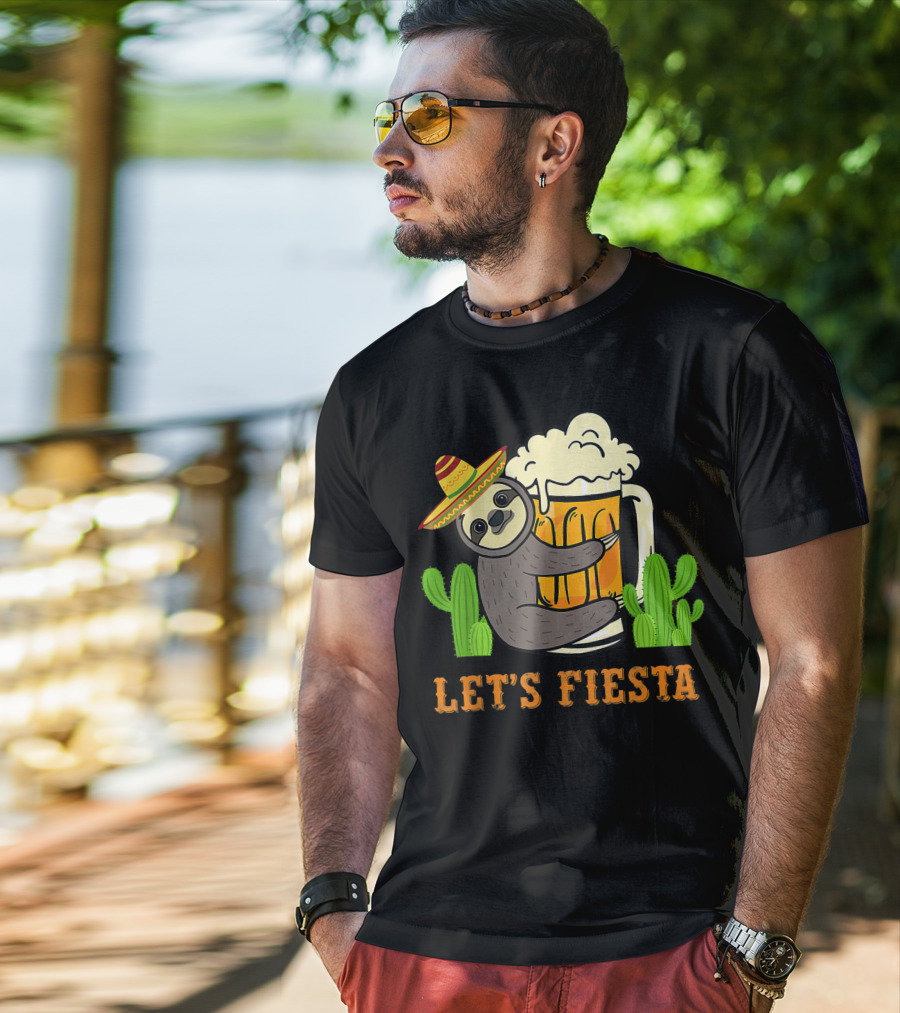 Let's Fiesta Sloth With Beer And Mexican Cactus Celebrating Cinco De Mayo T-Shirt