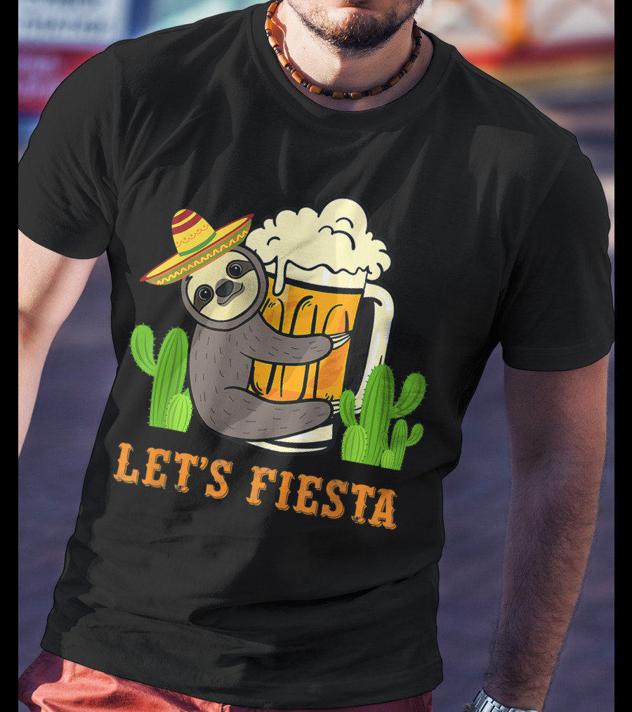 Let's Fiesta Sloth With Beer And Mexican Cactus Celebrating Cinco De Mayo T-Shirt