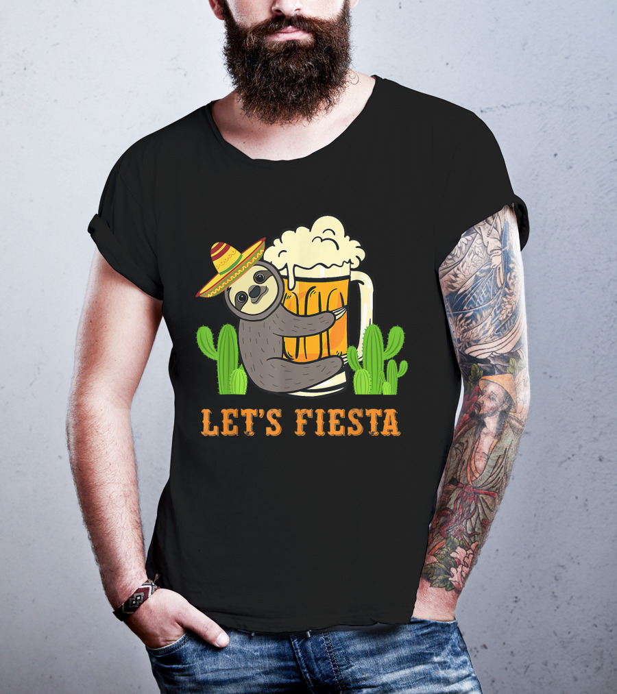 Let's Fiesta Sloth With Beer And Mexican Cactus Celebrating Cinco De Mayo T-Shirt