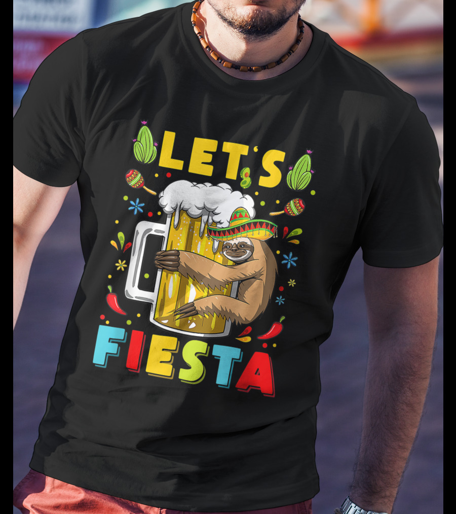 Fiesta Sloth Hugging Beer Mug With Sombrero And Mexican Decor For Cinco De Mayo T-Shirt