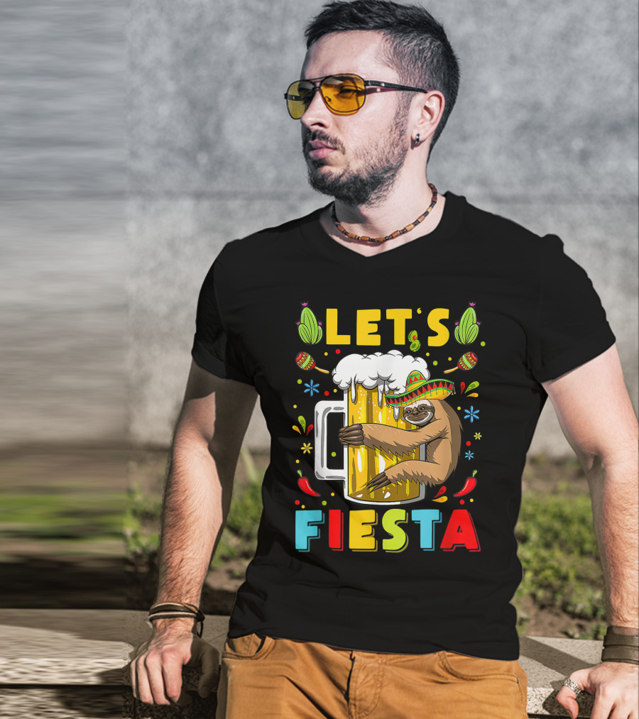 Fiesta Sloth Hugging Beer Mug With Sombrero And Mexican Decor For Cinco De Mayo T-Shirt