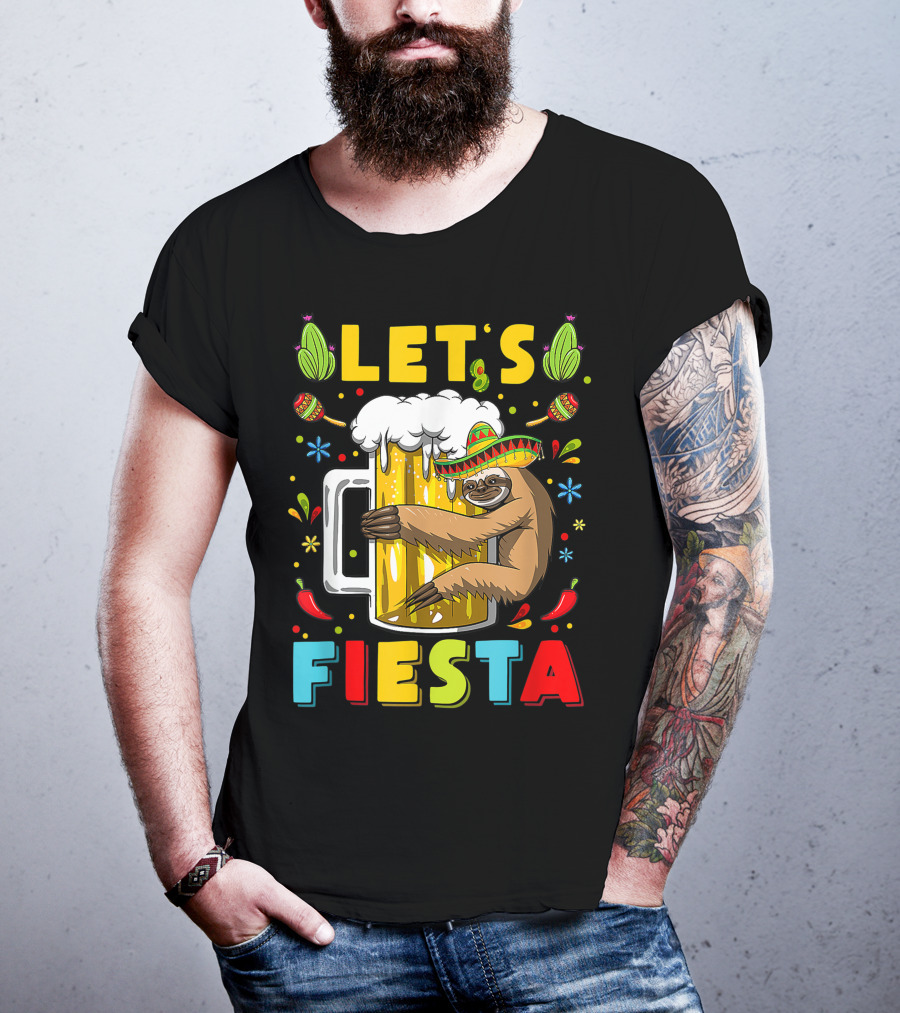 Fiesta Sloth Hugging Beer Mug With Sombrero And Mexican Decor For Cinco De Mayo T-Shirt