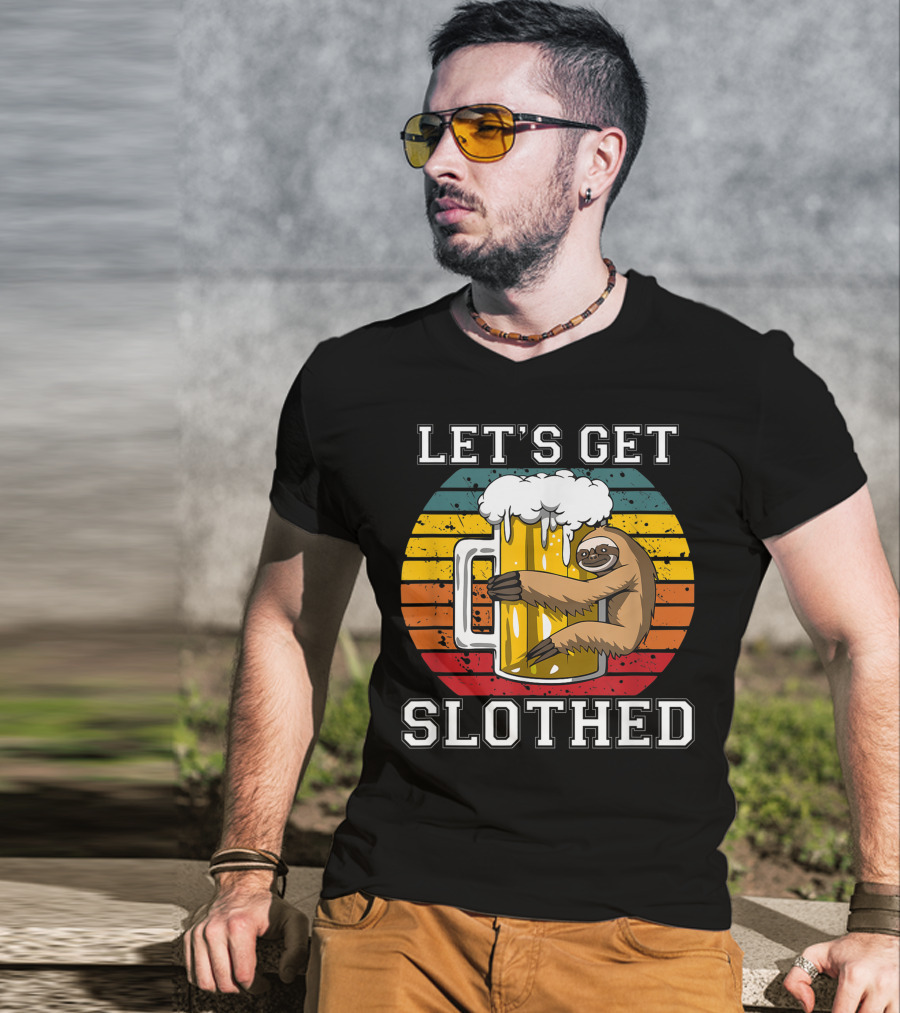 LET'S GET SLOTHED Retro Beer Mug And Sloth Hug T-Shirt
