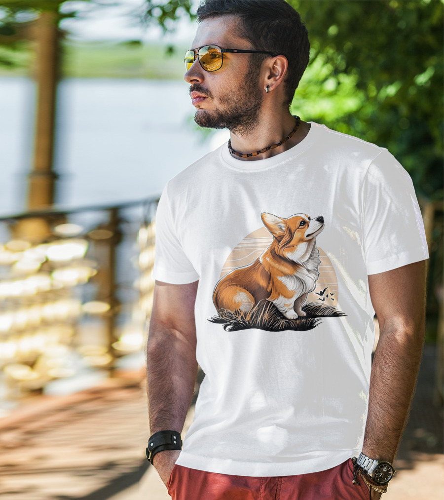 Corgi Dog Cute Sunset Scene T-Shirt