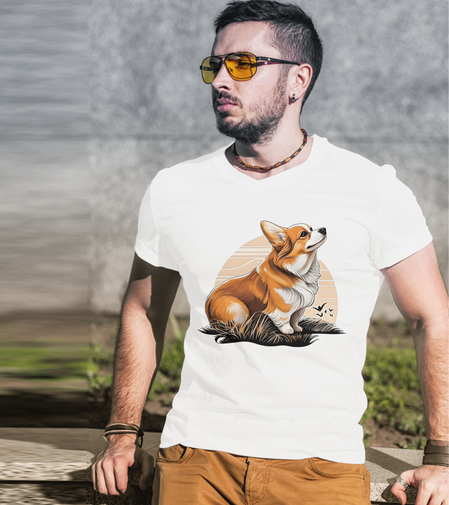 Corgi Dog Cute Sunset Scene T-Shirt