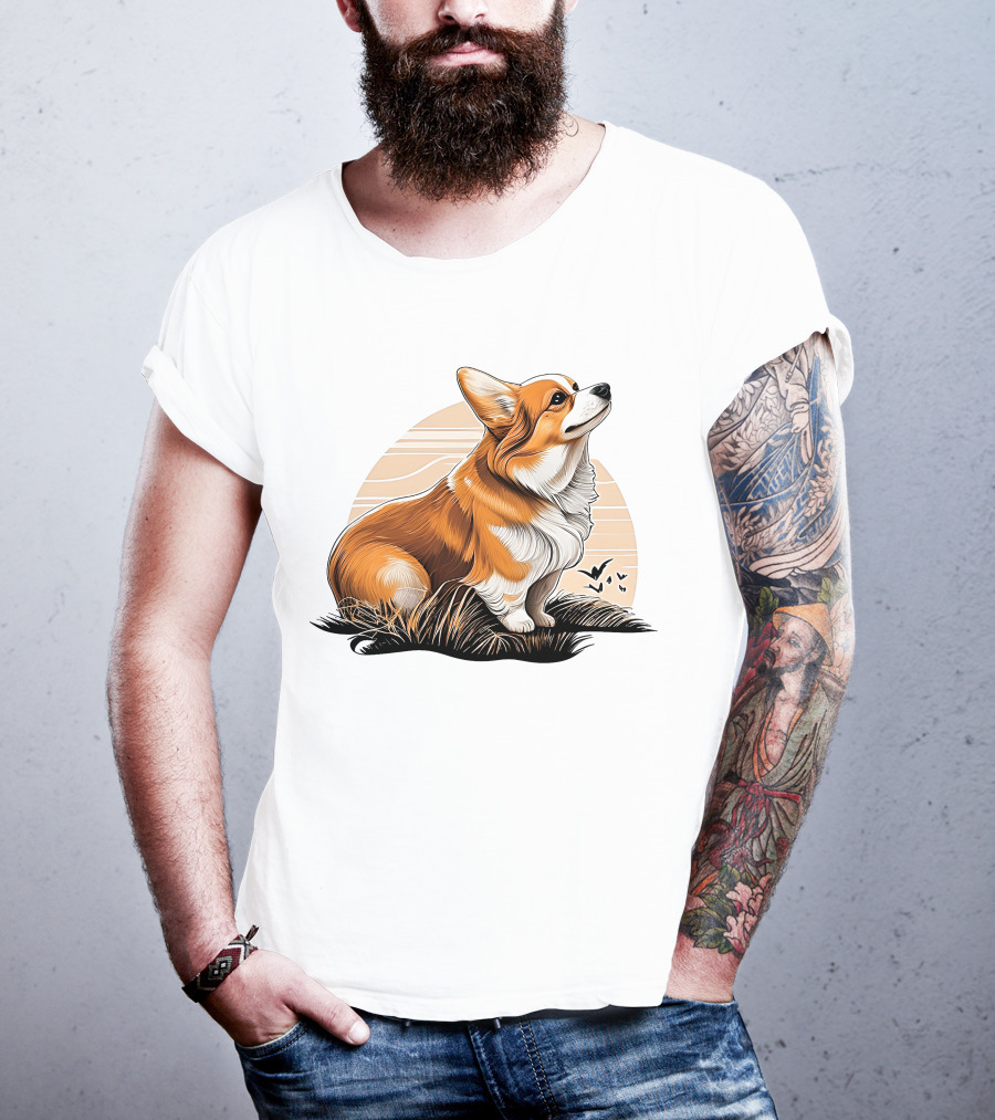 Corgi Dog Cute Sunset Scene T-Shirt