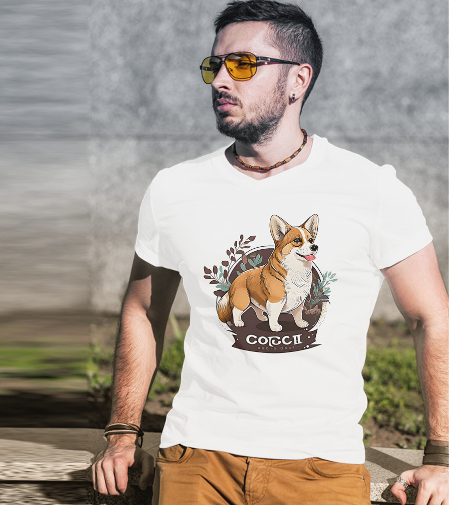Corgi Cute Baby Dog Illustration With Floral Background T-Shirt