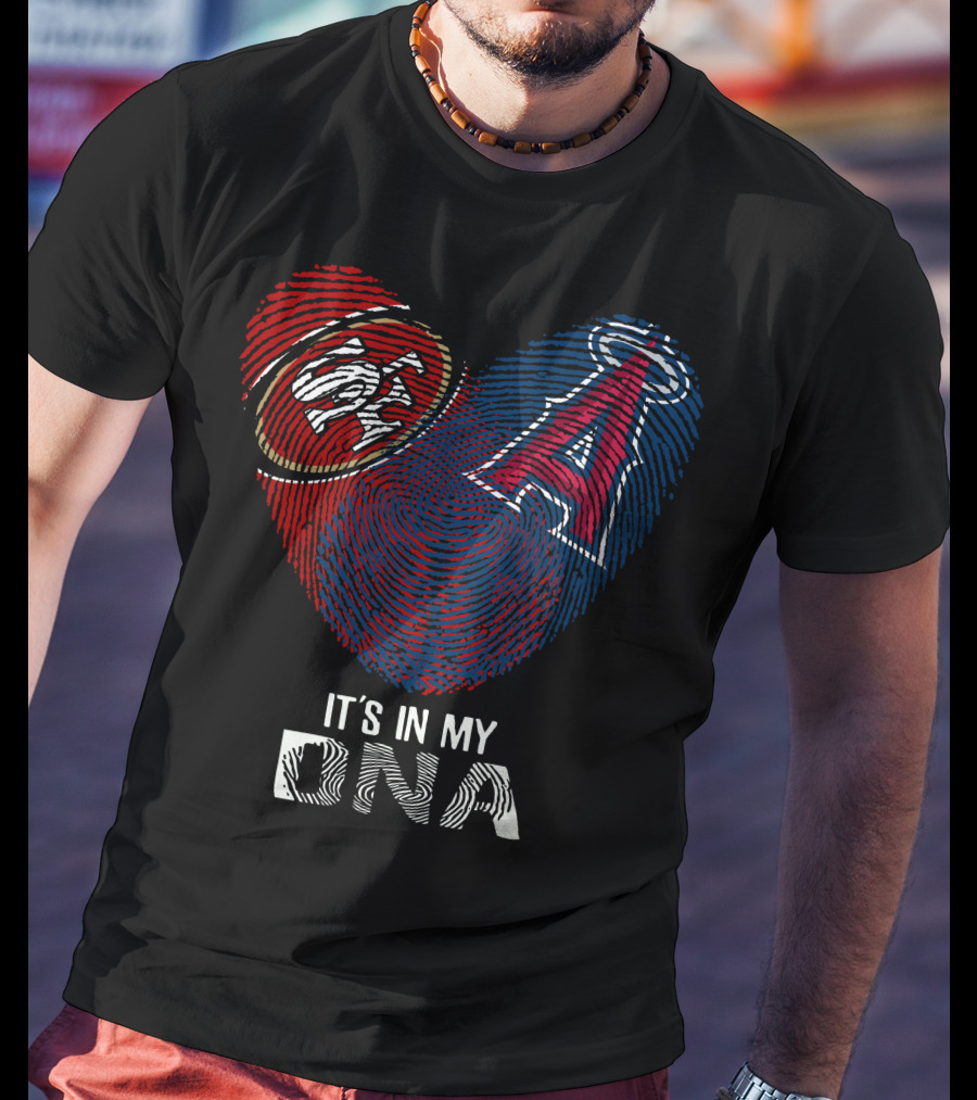 49Ers SF Logo And Los Angeles Angels DNA Fingerprint Heart T-Shirt