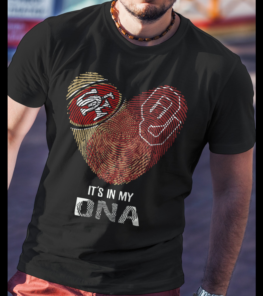 49ers Sooners It’s In My Dna Heart-Shaped Fingerprint With Logos T-Shirt