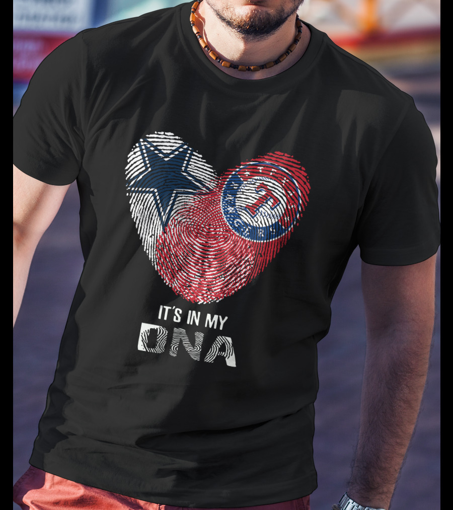 Cowboys Rangers It's In My DNA Fingerprint Heart With Star And Baseball T-Shirt