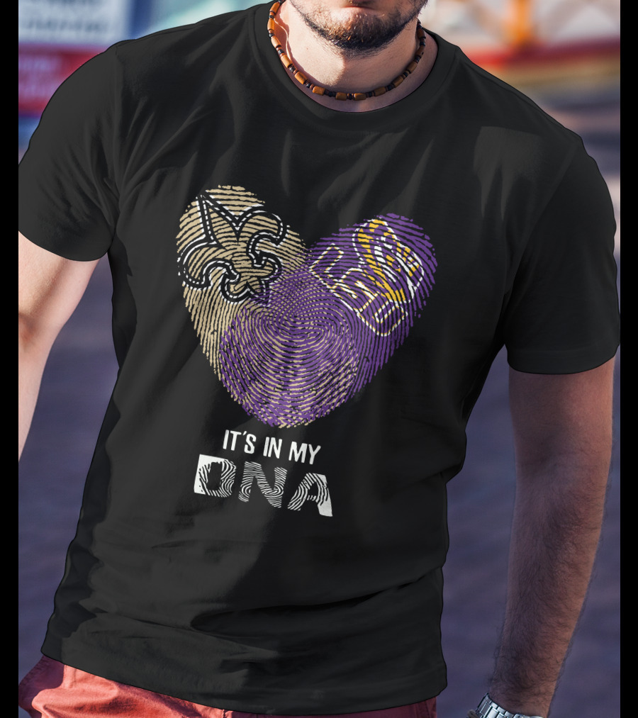 Saints Lsu It's In My Dna Fingerprint Heart Fleur-De-Lis Logo Purple Gold T-Shirt