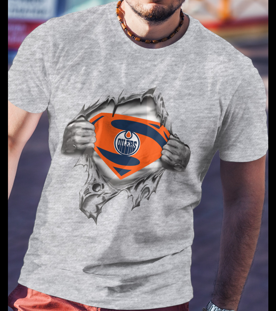 Edmonton Oilers Superman Logo Fusion With Torn Ripped Shirt Effect T-Shirt