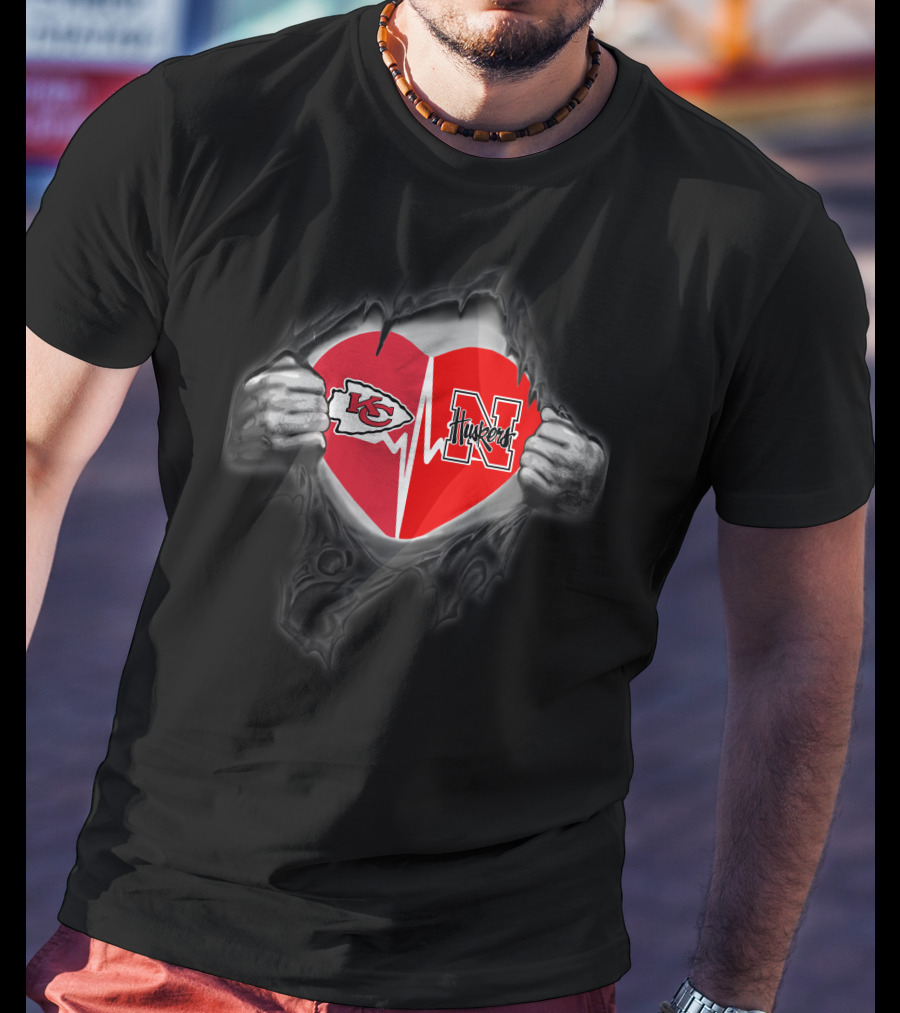 Kansas City Chiefs Nebraska Huskers Heart Logo Fusion Fan T-Shirt