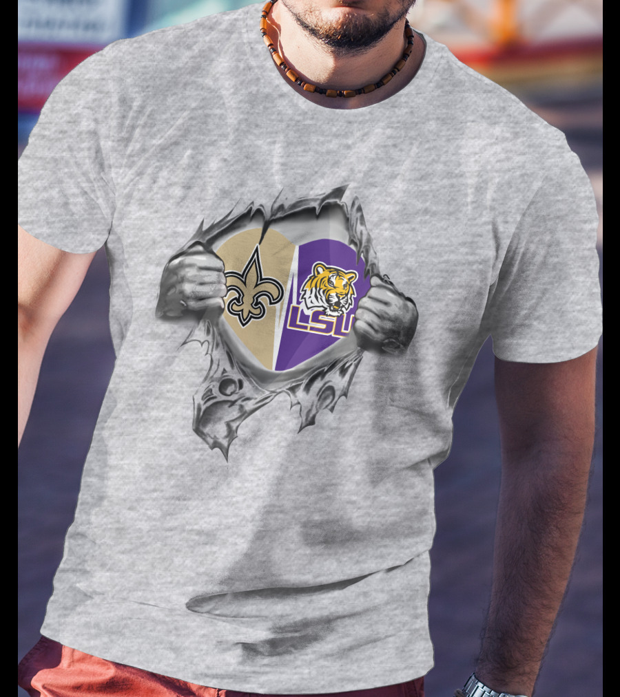 Saints LSU Heart Logos New Orleans Tigers T-Shirt