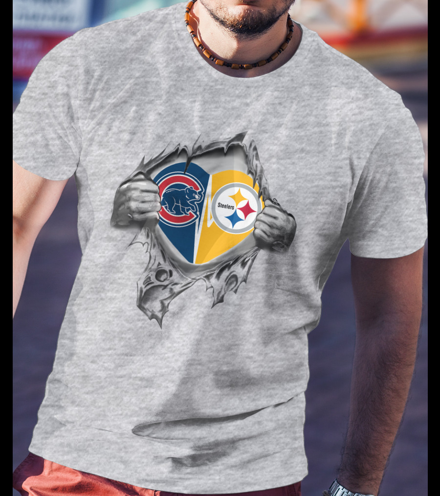 Cubs Steelers Heart Rip Fusion With Iconic Logos T-Shirt