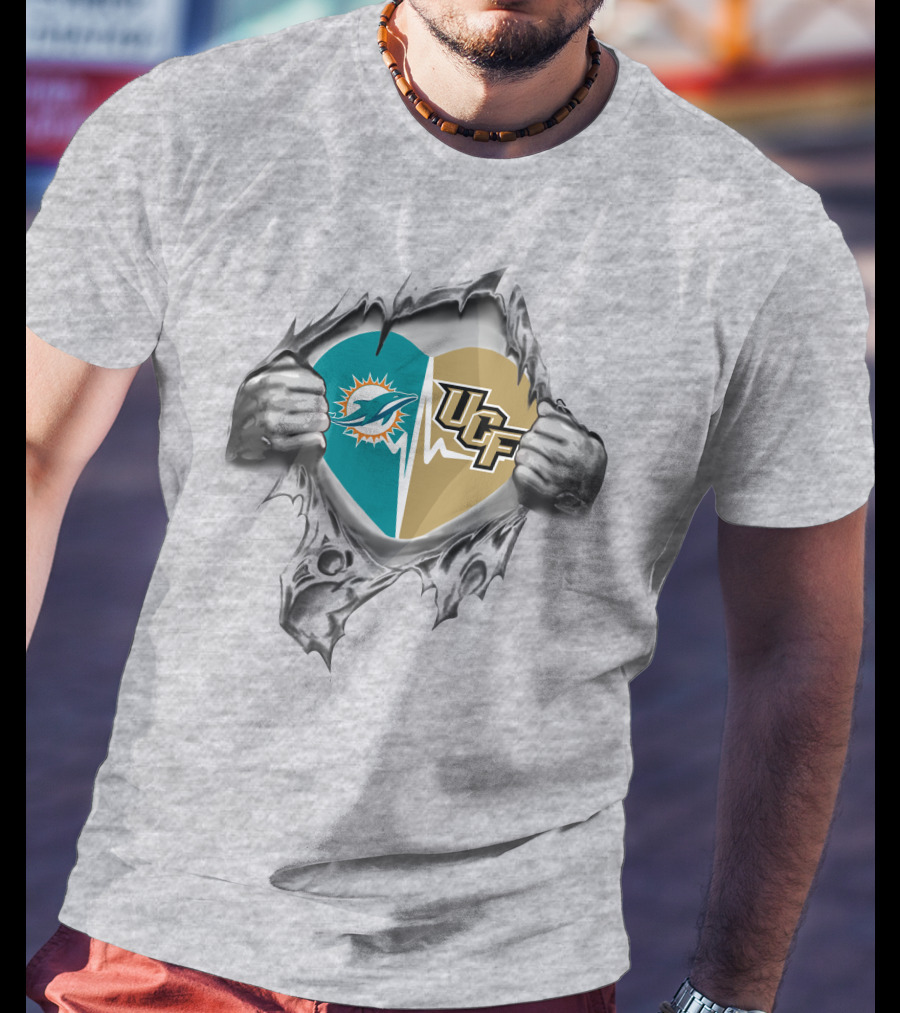 Dolphins UCF Heart Logo Design With Torn Fabric Effect T-Shirt