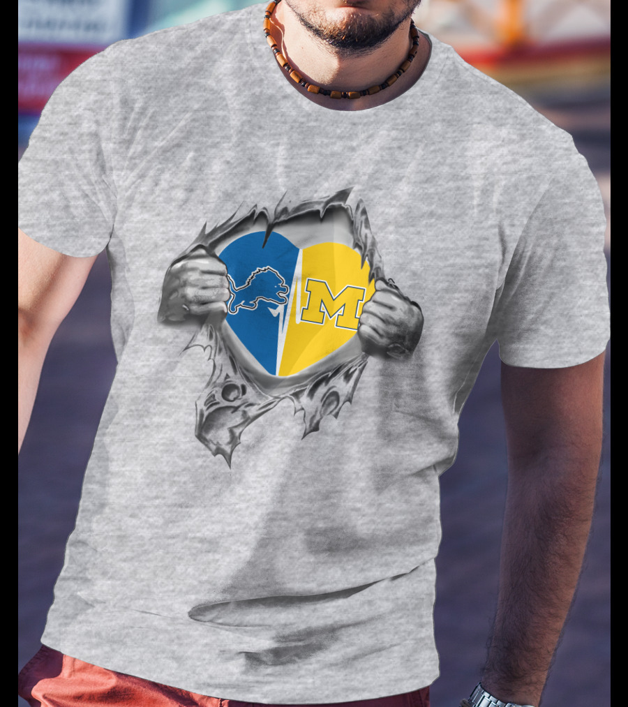 Lions Michigan Heart Split With Detroit Lions And University Of Michigan T-Shirt