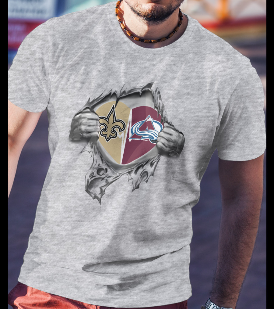 Saints Avalanche Heart Icon With Team Logos In Torn Metal Style T-Shirt