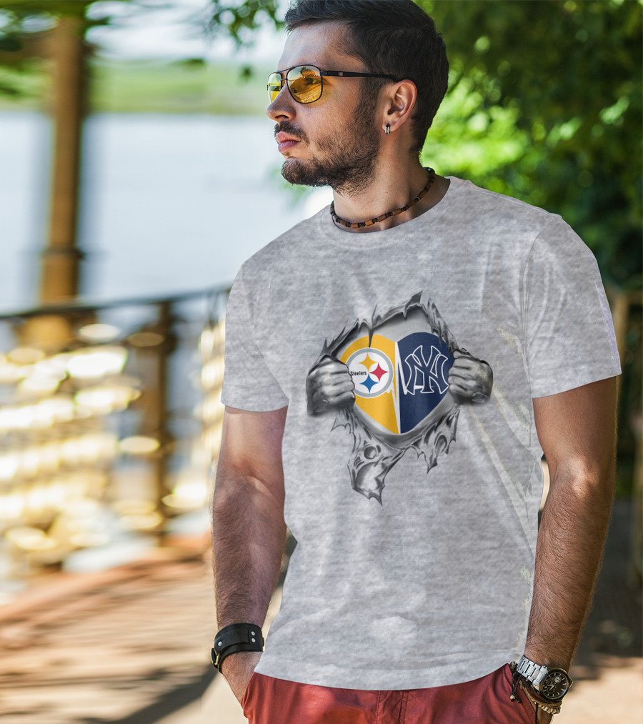 Steelers Yankees Heart Logo With Ripped Hands T-Shirt