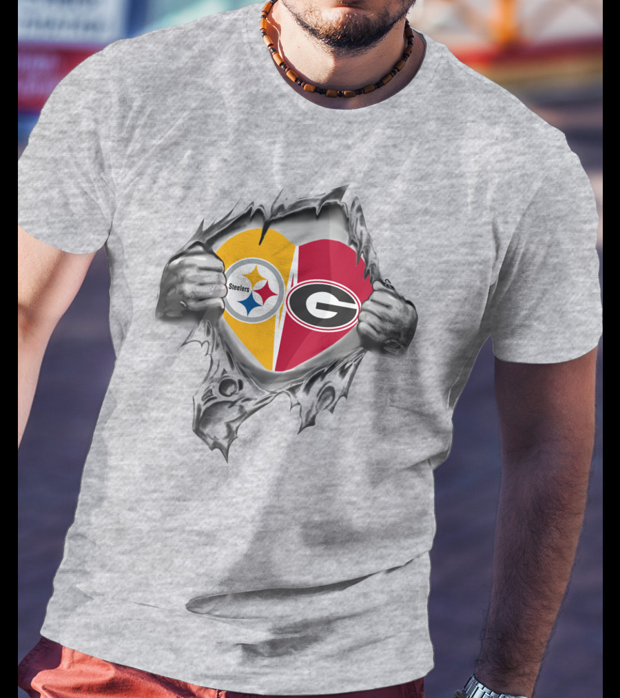 Steelers Georgia Bulldogs Ripped Heart T-Shirt